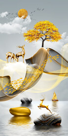 瓷晶画 线条抽象画 麋鹿石头