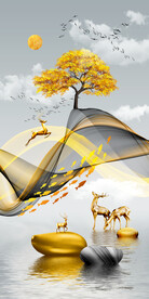 瓷晶画 线条抽象画 麋鹿石头