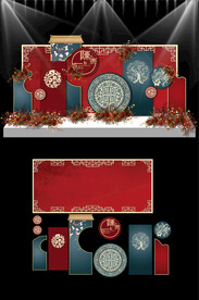 红色新中式婚礼KT板布置