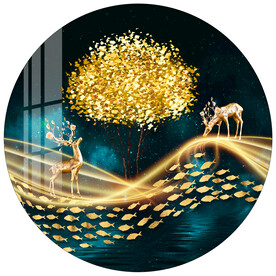 金色飘带轻奢麋鹿发财树装饰画