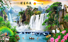 流水生财孔雀瀑布山水风景装饰画