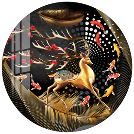 古典轻奢金色羽毛麋鹿圆形装饰画