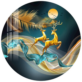 金色羽毛飘带麋鹿圆形装饰画