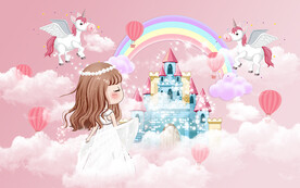 卡通小公主彩虹城堡儿童房背景墙