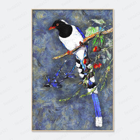 果树枝头喜鹊油画色彩表现