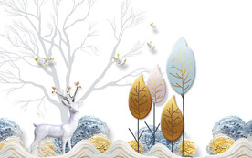 轻奢装饰画 麋鹿 叶子