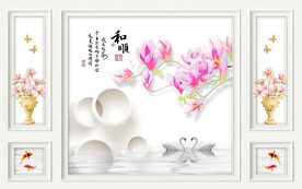 电视背景墙 花朵花瓶 金鱼和顺