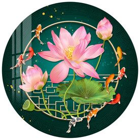 荷花九鱼图圆形装饰画