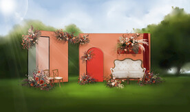 橙红户外婚礼迎宾区签到区效果图