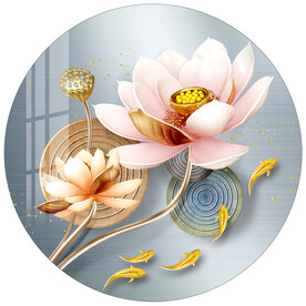 荷花九鱼图浮雕圆形装饰画