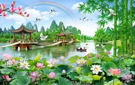 荷花流水生财风景装饰画背景墙