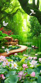 荷花小桥流水生财风景背景墙装饰