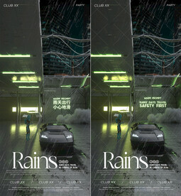 酒吧夜店雨天提示中英文海报