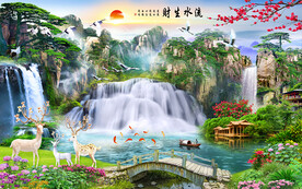 流水生财迎客松山水风景背景墙