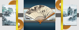 轻奢装饰画 扇子 水墨山水画
