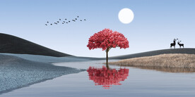 轻奢装饰画 红树月亮麋鹿 草地