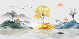 轻奢装饰画新中式山水画太阳麋鹿