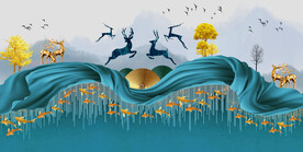 轻奢装饰画新中式山水画树麋鹿