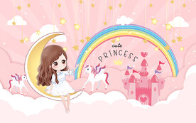 可爱公主城堡彩虹儿童房背景墙