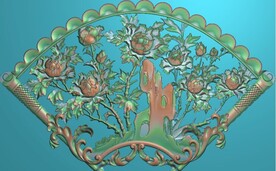 牡丹花开富贵扇形挂屏扇形精雕图