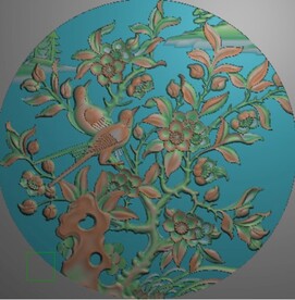 桃花花鸟喜上眉梢圆形挂屏精雕图