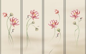 新中式水墨红荷花五条屏无框画