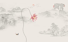 新中式水墨荷花山水国画背景墙