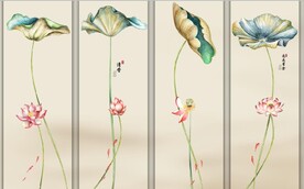 新中式水墨红荷花五条屏装饰画