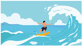 蓝天白云男孩冲浪矢量插画 