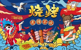 国潮烧烤工装背景墙图片