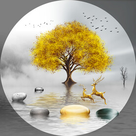 装饰画 新中式山水画 麋鹿石头