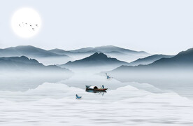 装饰画 新中式水墨山水画 日出