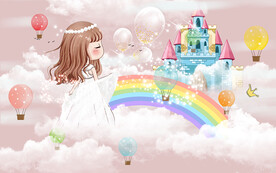 卡通公主城堡热气球儿童房背景墙