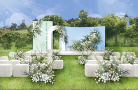 白绿白蓝小众户外草坪婚礼效果图