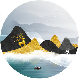 轻奢装饰画 新中式山水画 麋鹿