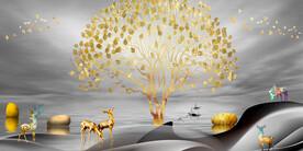 轻奢装饰画 新中式山水画 麋鹿