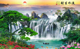 流水生财中堂风景装饰画