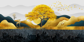 轻奢装饰画 新中式山水画 麋鹿