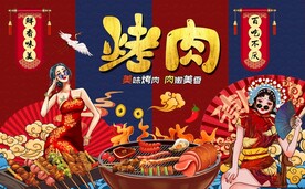 国潮烤肉工装背景墙图片