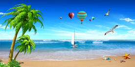 蓝天白云大海沙滩背景墙