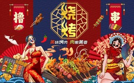 国潮烧烤背景墙图片