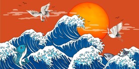 新中式浮世绘大海仙鹤背景墙