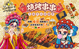 国潮烧烤串串美女工装背景墙