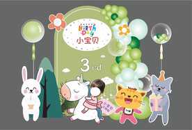 森系可爱动物主题生日背景绿色系