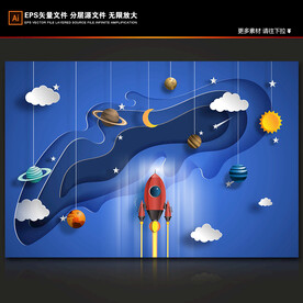 卡通火箭星球立体宇宙空间背景墙