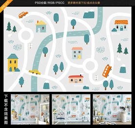 卡通道路手绘小汽车儿童房背景墙