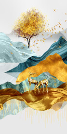 轻奢装饰画 新中式山水画 麋鹿