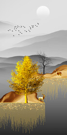 轻奢装饰画 新中式山水画 麋鹿