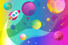 卡通火箭手绘彩色银河系星球背景