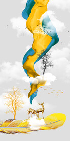 轻奢装饰画 羽毛 山水画麋鹿